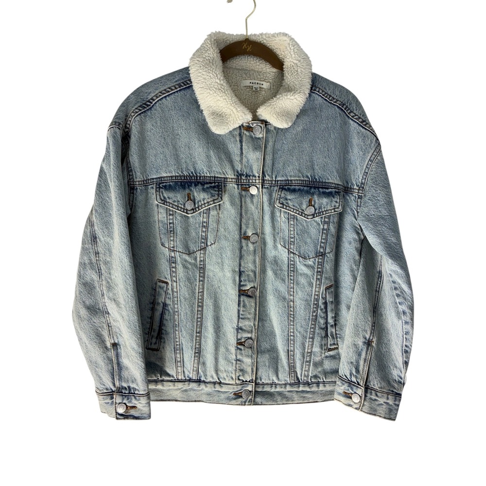 Pacsun Denim Trucker Jacket Mens XS/S Blue Jean Coat Faux Sherpa Collar